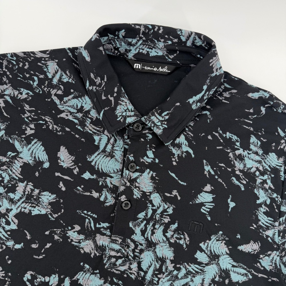 TravisMathew Polo Shirt Mens Large Black Blue Abstract Floral Print Short Sleeve